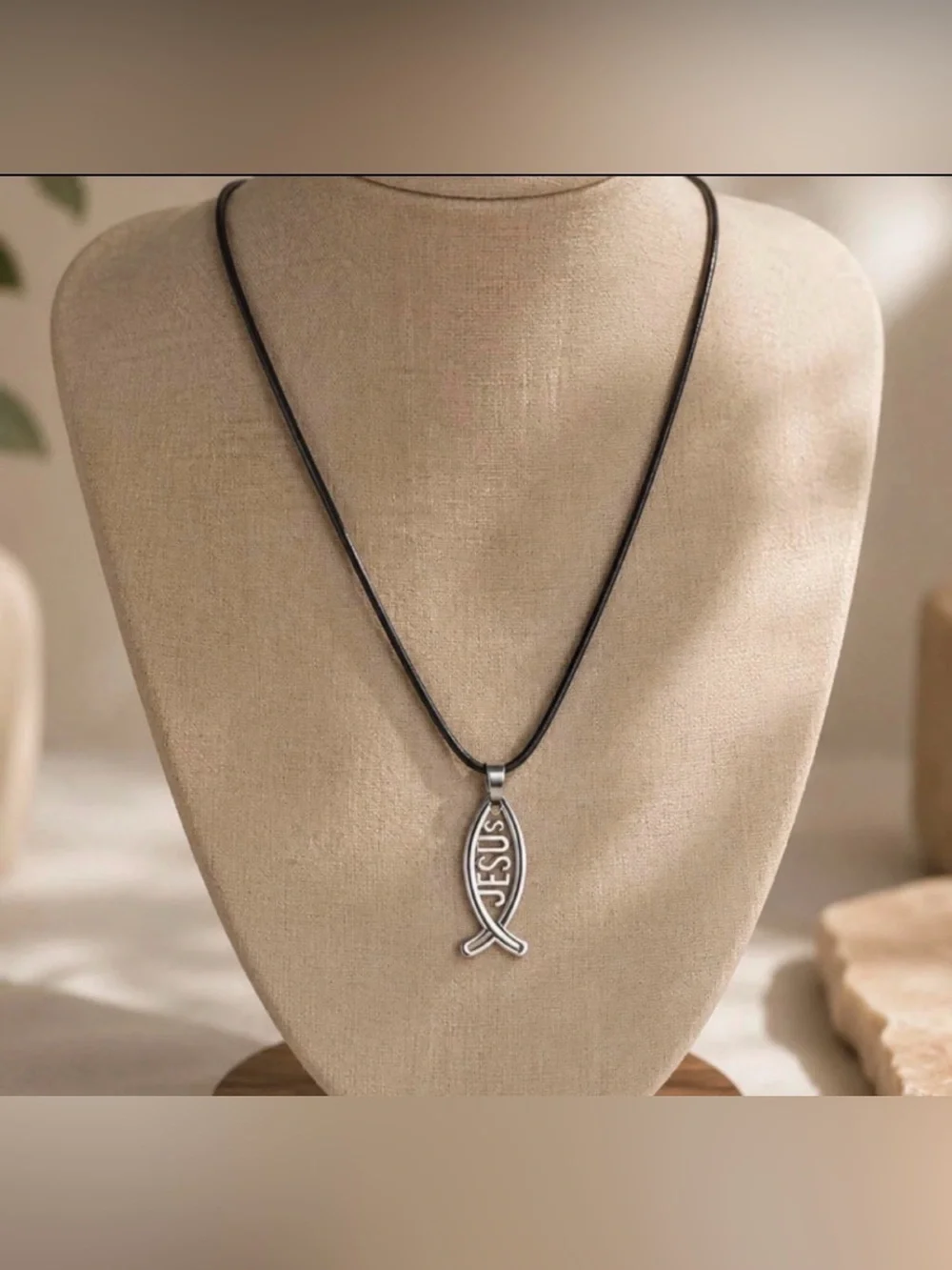 Jesus Fish Pendant Necklace - Black Cord